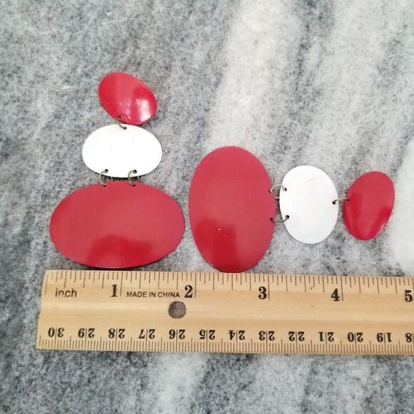 Vintage Red and White Enamel Post Earrings, Huge Holiday Statement Drops, Retro - Picture 3 of 4